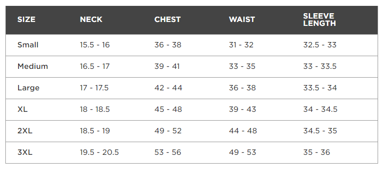 Size chart for Xfinity Men's Spin Pique Polo