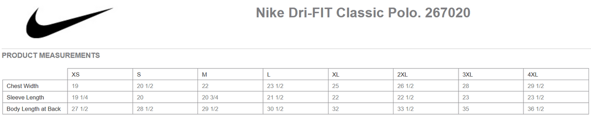 Size chart for Nike Comcast Business Men's Dri Fit Classic Polo